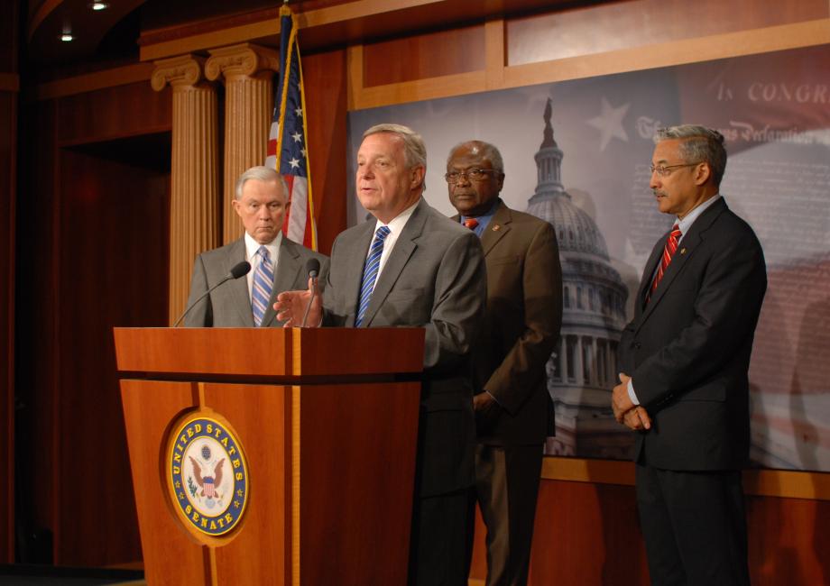 Durbin speaks to the press after the House passed his Fair Sentencing Act. The bill, which now goes to the President for his signature, reduces the sentencing disparity between crack and powder cocaine from 100:1 to 18:1. The passage of Durbin's bill marks the first time congress has repealed a mandatory minimum since the Nixon administration.
